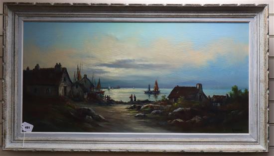 R. Tangui, oil on canvas, Fishing village, signed, 49 x 99cm